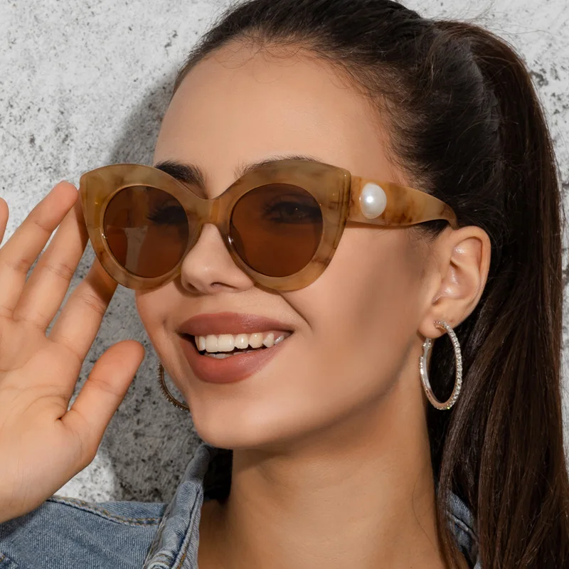Fashion Pearl Oversized Cat Eye Sunglasses Women 2022 Brand Gradient Lens Flat Top Sun Glasses Large Vintage Lady Shades Eyewear