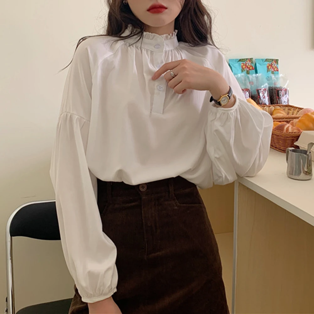 

White Blouse Shirt Long Sleeve Janpan Korean 2021 Spring Casual Tops Loose Style Femme Shirts Blouse Daily Simple Pullover