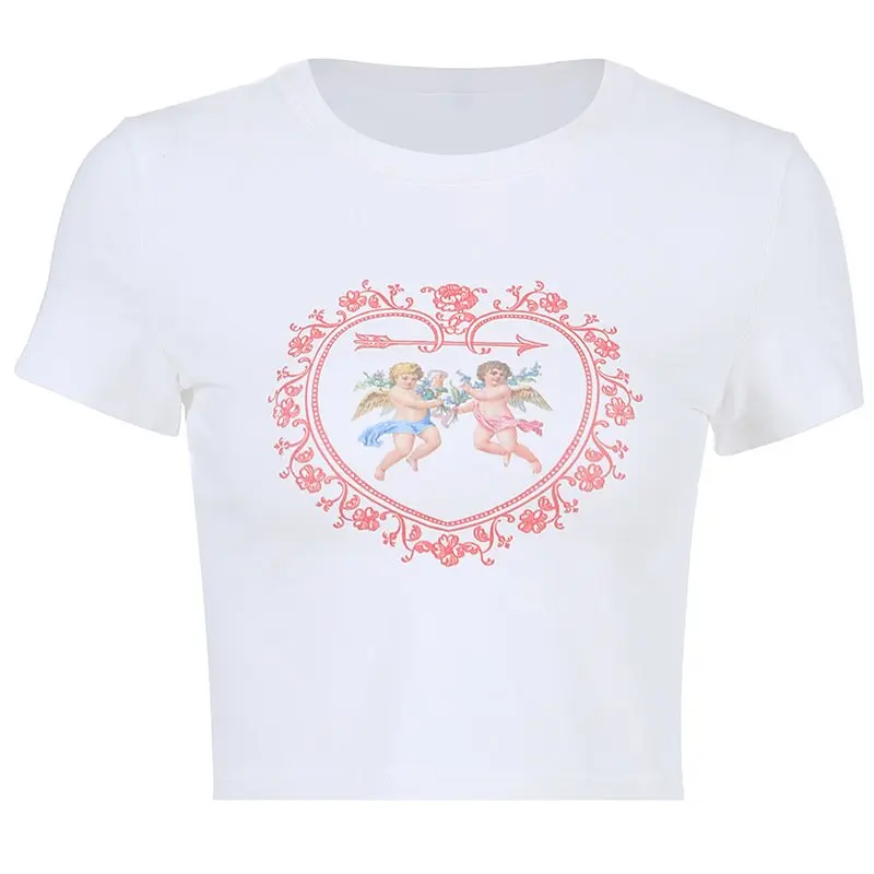 

Yedinas Summer Sweet Love Angel Print T Shirts Women Sexy Slim Crop Tops 100% Cotton European Style Short Sleeve Tee Streetwear