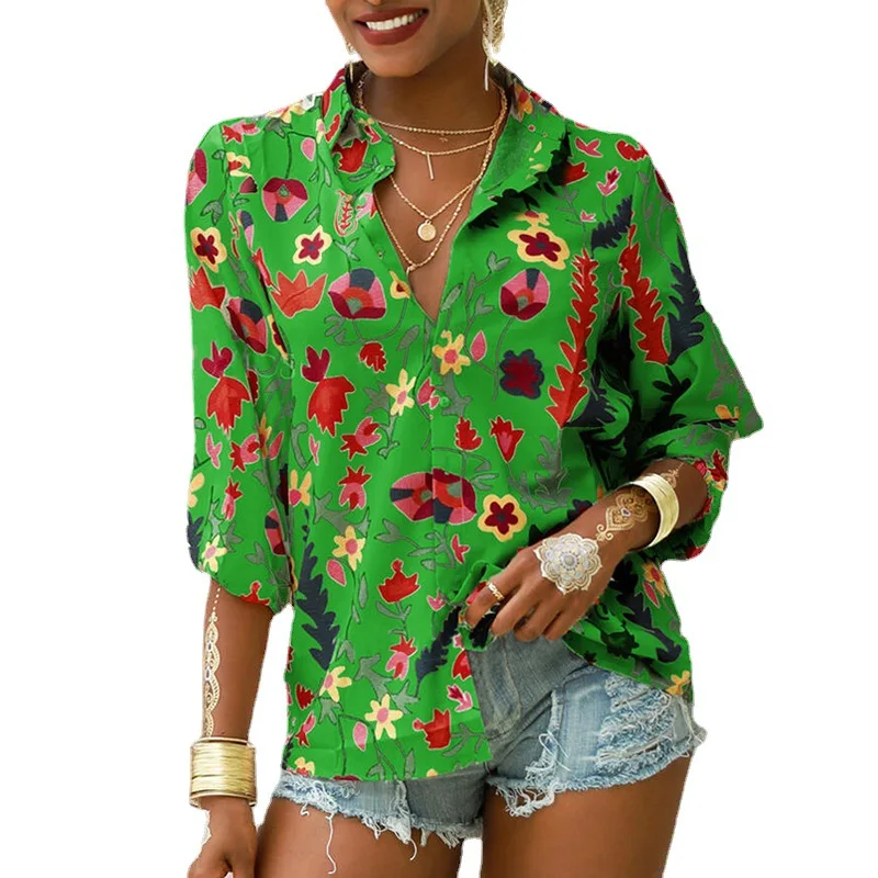 

2021 autumn printed long-sleeved women's clothing, women's fashion lapel, women's casual loose shirts, chiffon shirt