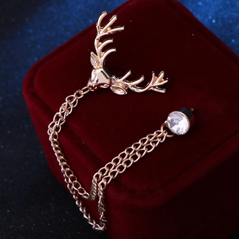 Vintage Metal Small Elk Brooch Rhinestone Tassel Chain Lapel Pin Suit Shirt Collar Badge Brooches Men's Christmas Jewelry | Украшения и