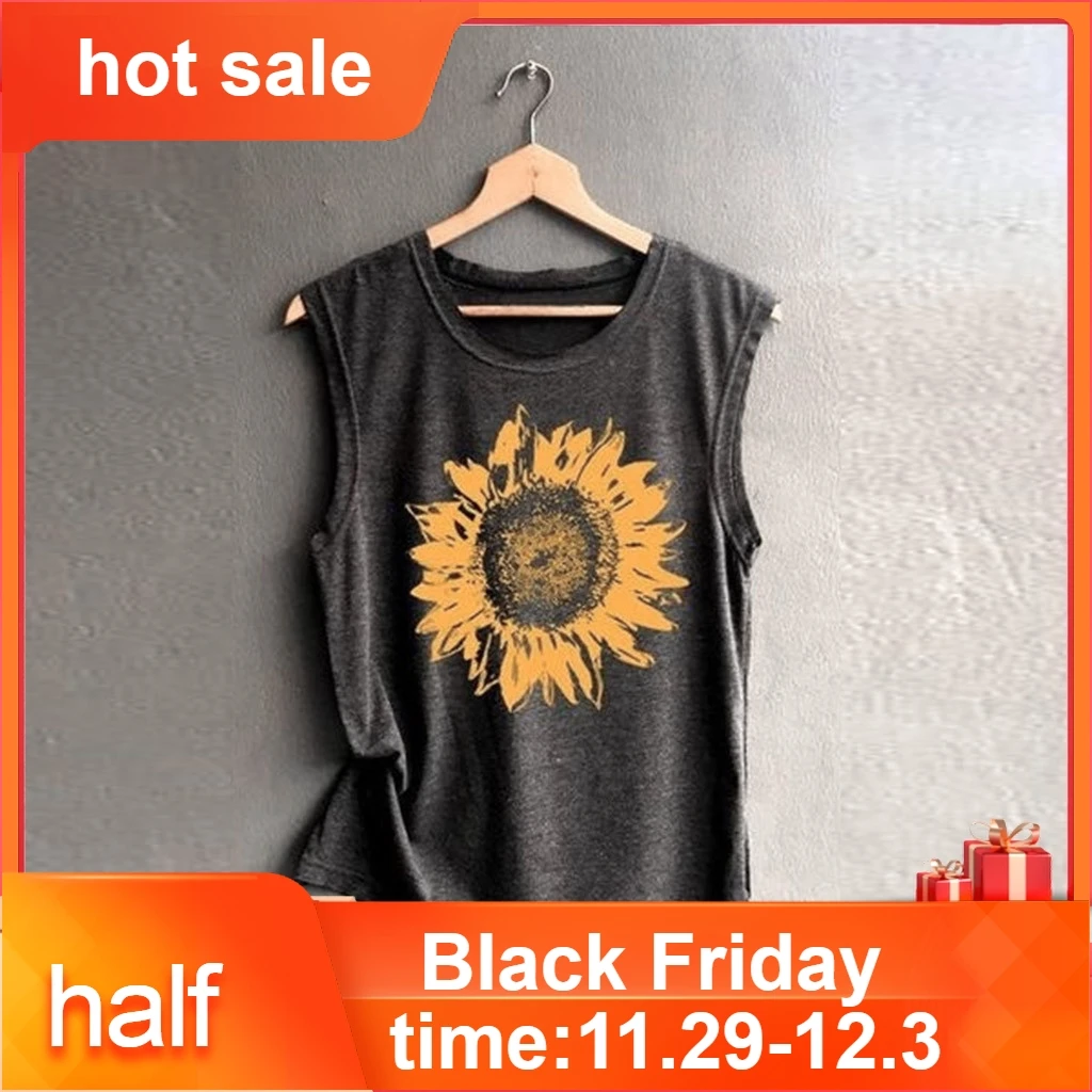 Женская рубашка без рукавов с принтом Sunflowe Повседневная Свободная майка мягкие