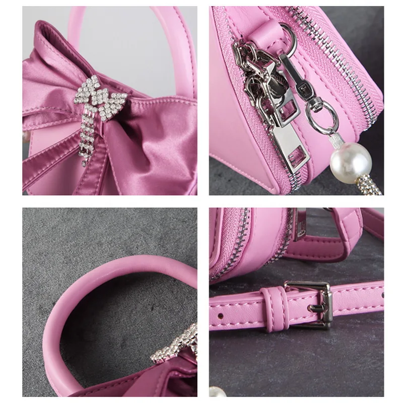 

Big Bow Small PU Handbags For Lady Double Zipper Handbag Full Diamond Pearl Chain Messenger Bag Girl Heart Sweet Messenger Bag