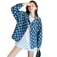 new fashion women spring autumn full sleeves pocket female blouse loose plaid contrast color denim shirt jacket casual tops coat
