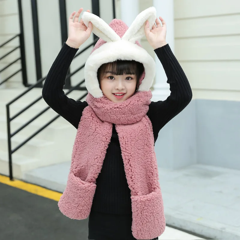 Leather Pink Kids 3 в 1 искусственный мех милый кролик уха полный капюшон мать-детский головной убор с длинным шарфом перчатки Рождественский подарок для женщин детская зимняя теплая - Цвет: Leather Pink Kids
