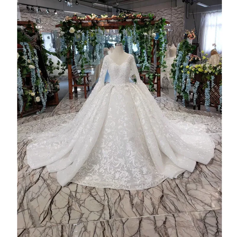 

BGW HT42217 White Wedding Dresses With Wedding Sleeve Shawl V-neck Appliques Ball Gown Lace Wedding Gowns 2020 Suknia Slubna