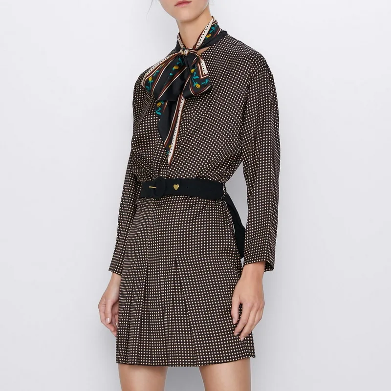 Женское платье с длинными рукавами осень 2019 новое модное в горошек бантом и