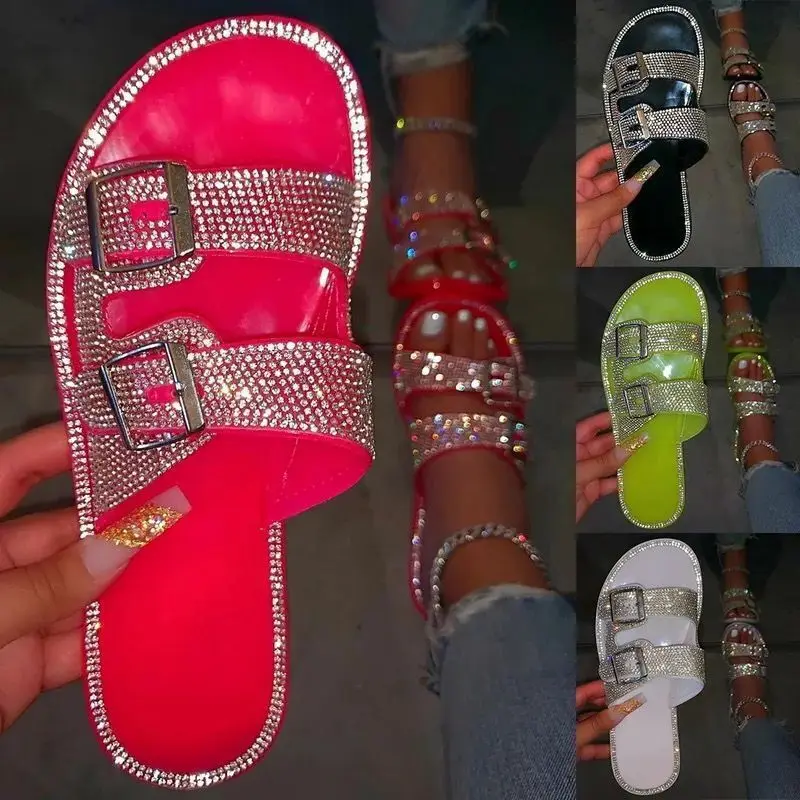 Woman Bling Crystal Sequin Slippers Ladies Fashion Slides Girls Casual Outdoor Flats Female Beach Shoes Women Mules Plus Size 43