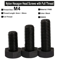 20pcs m4 black nylon pa66 hexagon head screws with full thread hexagon head bolts din933 thread length 6mm30mm