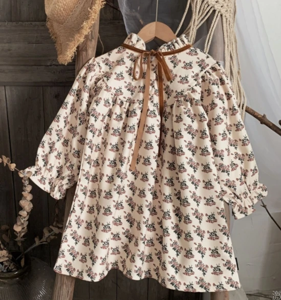 

Toddler Tie-up A-line Dress Girls Autumn Floral Puff Sleeve Round Neck