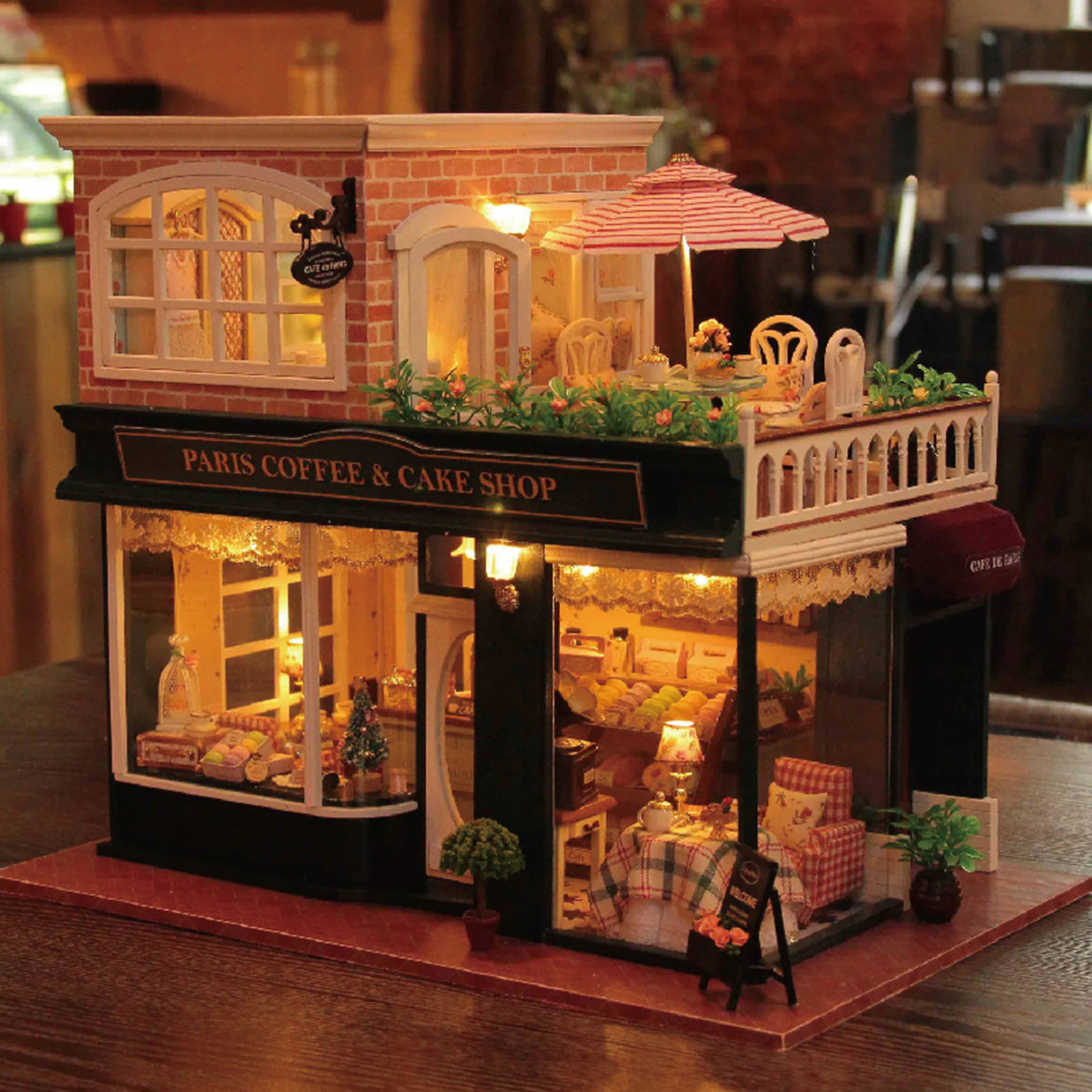

DIY Paris Coffee & Cake Shop Handmade Wooden Miniature Doll House with Light and Music Movement Dollhouse Valentine's Day Gift
