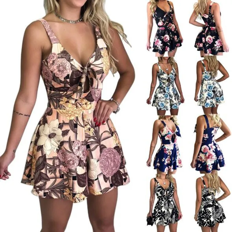 

2021 NEW Women's Summer Print Jumpsuit Casual Slim Short Sleeve V-Neck Beach Rompers Sleeveless Bodycon Sexy Playsuit Romper