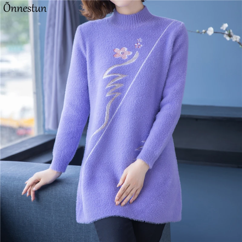 

Turtleneck Furry Women's Sweater Dress Fashion Autumn Pullovers Dress Pull Femme Jumper Casual Embroidery Long Sweater Women
