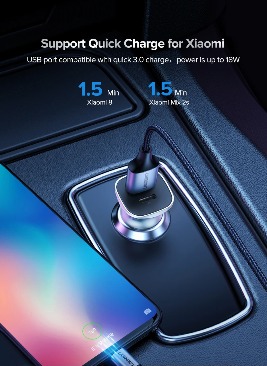 Ugreen Quick Charge 4.0 3.0 QC USB Car Charger for Xiaomi QC4.0 QC3.0 18W Type C PD Car Charging for iPhone 11 X Xs 8 PD Charger
