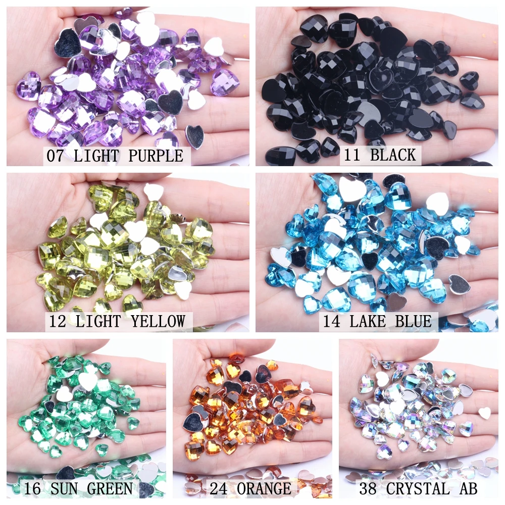 

Acrylic Rhinestone 500/2000pcs 10mm Heart-Shape Flatback Earth Faceted Many Colors Choose Strass High Shine Nail Art Decorations