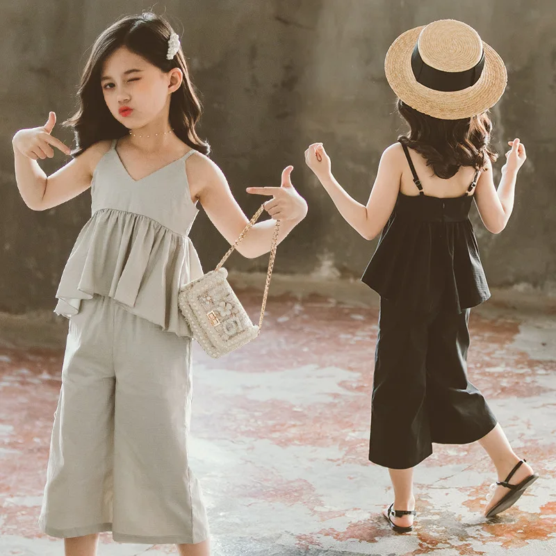 

Kids 2pcs Clothing Sets Summer 2020 Teen Girls Outfit Children Girl Set Black Grey Sleeveless Ruffles Tops + Loose Pants Set