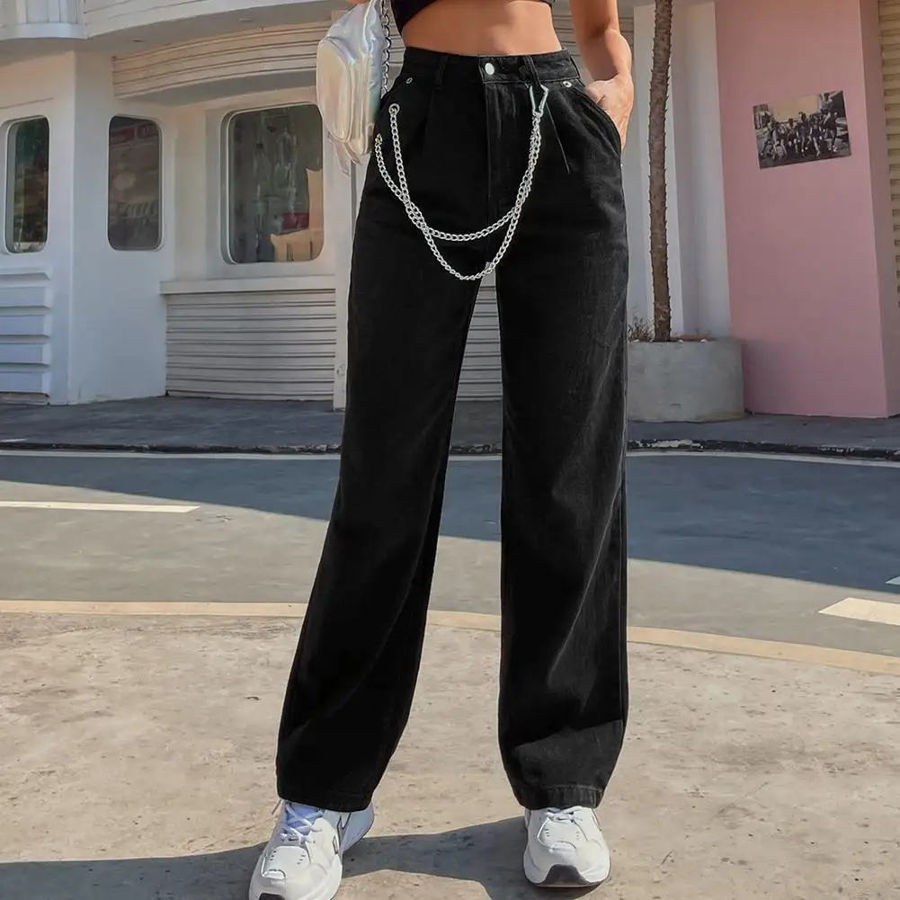 

Loose High Waist Chain Straight Trousers Retro Solid Color Jeans Hign Waist Denim Fashionable Loose Chain Straight Pants