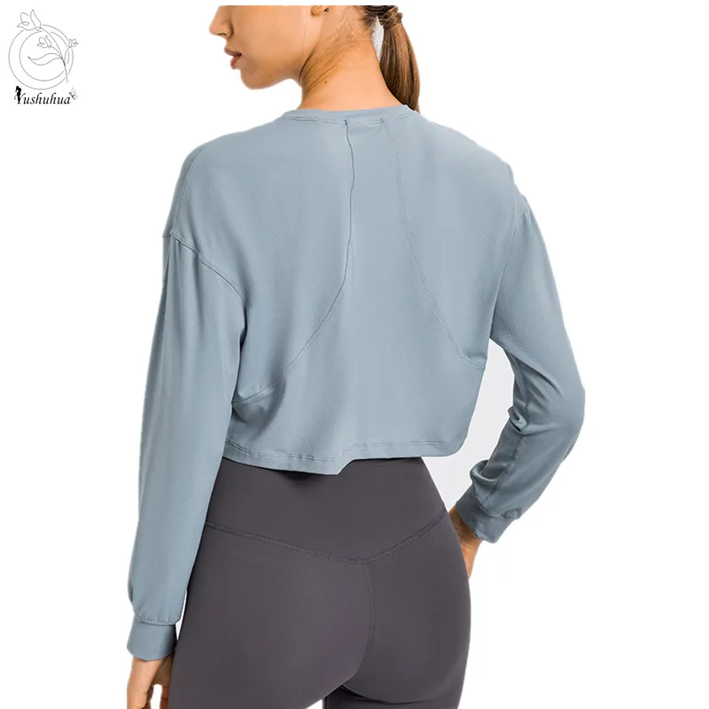 

Yushuhua жаккардовый Простой Легкий фитнес тренировочный кроп-пуловер женский с круглым вырезом с длинным рукавом тренировочные спортивные ук...