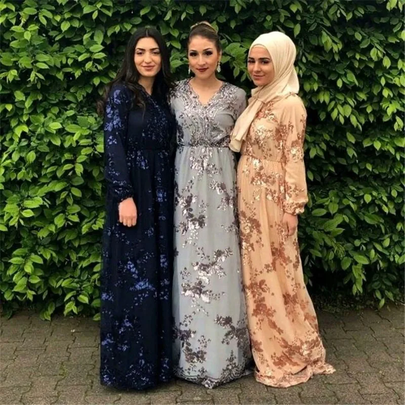 Роскошное длинное платье в мусульманском стиле Дубай Средний Восток с блестками женская элегантная кружевная Абая Арабский Кафтан исламск...