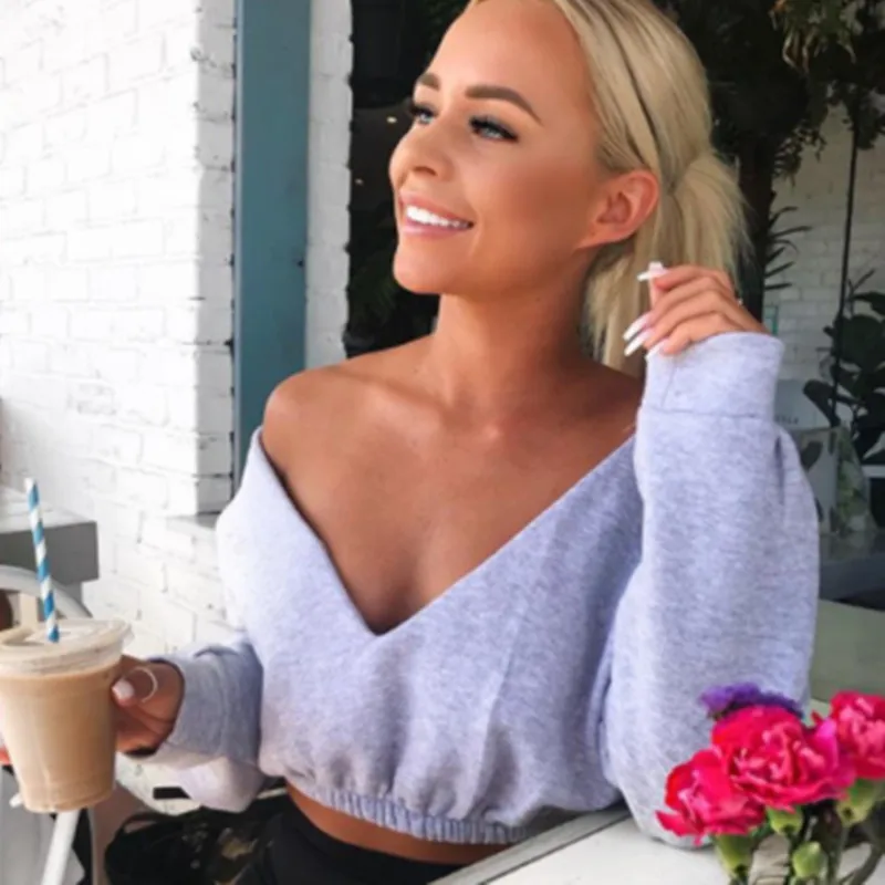 New Fashion Sexy Women Autumn Crop Hoodies Long Sleeve Casual Female Cotton Sweatshirts Deep-V Neck Off Shoulder Street Wear