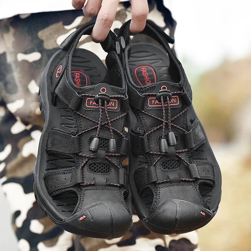 Мужские кожаные сандалии без шнуровки черные повседневные Мягкие босоножки из