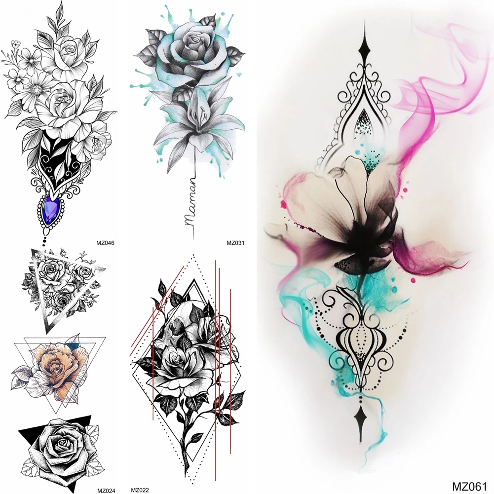 

3D Realistic Lotus Flower Temporary Tattoos For Women Body Art Black Small Waterproof Geometric Adult Fake Tattoo Sticker Buddha