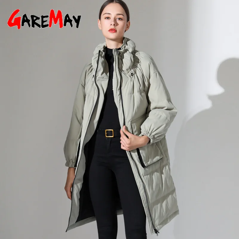 Женский длинный пуховик с высоким воротником теплая свободная парка