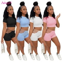 adogirl women solid 2 piece set casual tracksuit short sleeve crop top t shirt hollow out skinny shorts drop ship wholesale suit