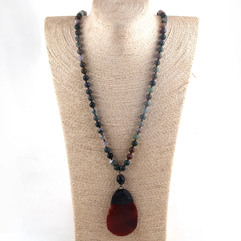 

RH Fashion Boho Beaded Necklace Natural Stone Long Knotted Stones Pendant Necklaces For Women Gift Dropship