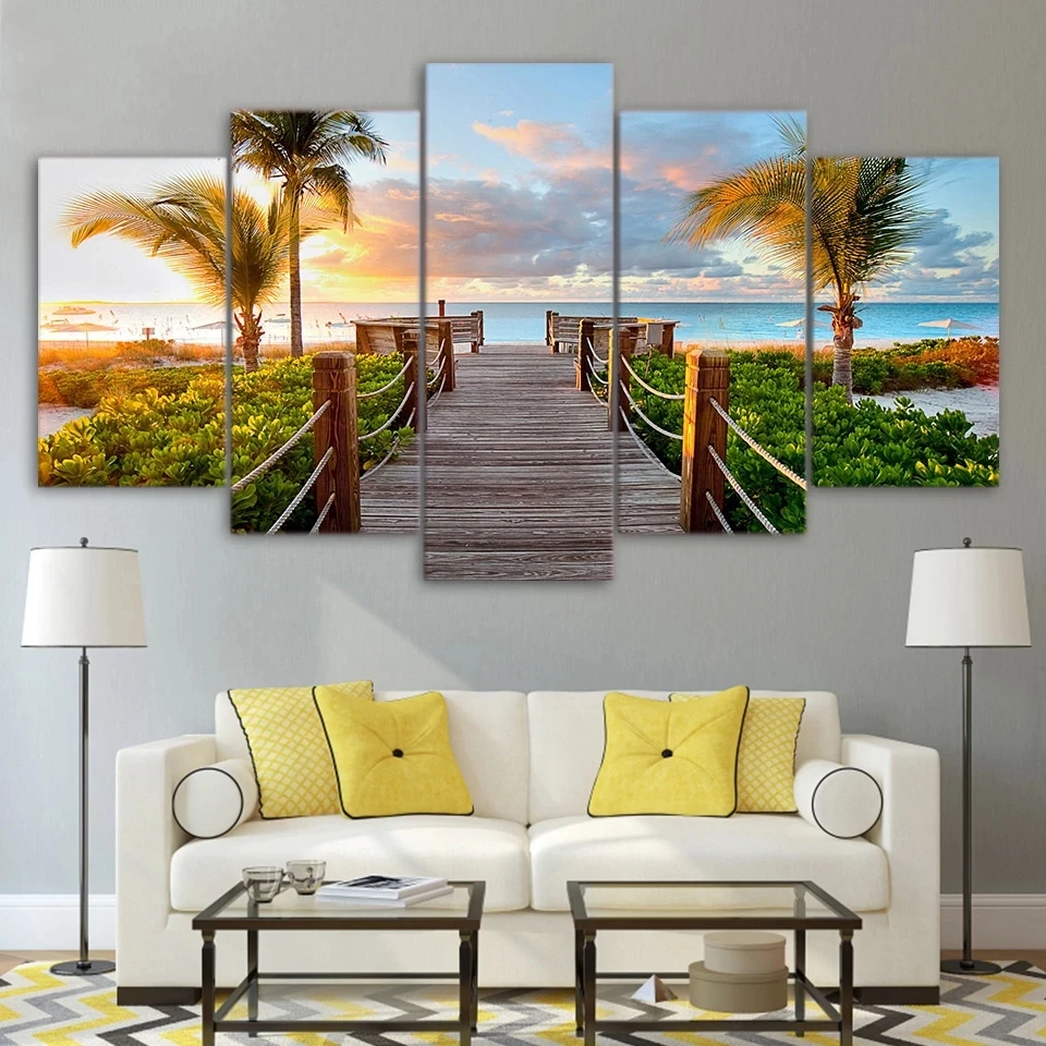 

Poster Art Canvas Painting 5 Pieces/Pcs Coast Board Walk Palms Island Beach Modular Picture Wall For Living Room HD Print Frame