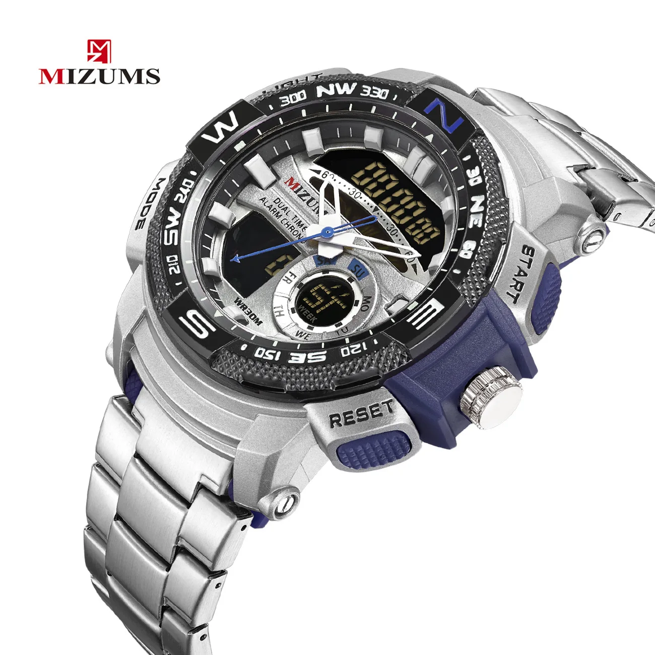 

Men's Brand Gold Wristband Watch Military Outdoor sports gifts Digital movement Waterproof Stainless Steel Double display clock