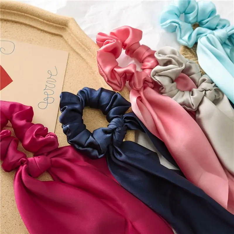 

10 Solid Colors Silk Satin Hair Scrunchies Hair Scarf with Bow Silk Elastic Hair Bands Hair Bobbles for Ponytail Holder A20 21