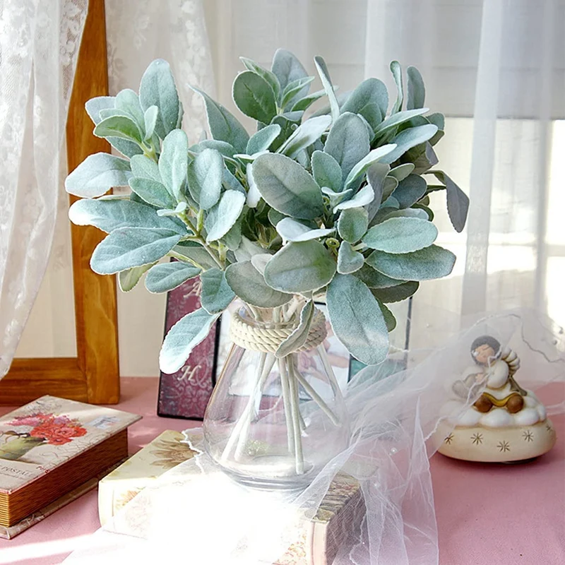 

10 Pcs Artificial Flocked Lambs Ear Leaves Dusty Miller Stems Flocked Oak Leaves Lamb's Ear Leaf for Home Wedding DIY