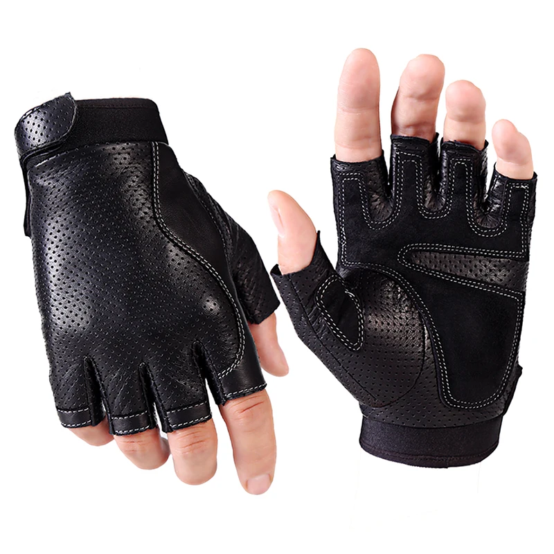 Мужские кожаные перчатки для вождения, черные Нескользящие перчатки без пальцев, перчатки из овечьей кожи, Тактические Перчатки для фитнес...