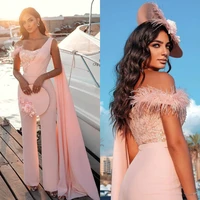 jumpsuit evening dresses with pants suit light pink party prom gown with cape 2021 one shoulder feathers sequins warp elegant