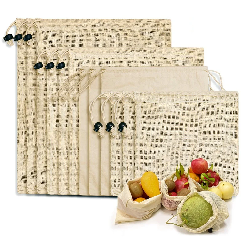 

Reusable Shopping Bags, 12-Set Reusable Product Bags Organic Cotton Washable Plastic-Free Bags Zero Waste Shopping Net Bags For