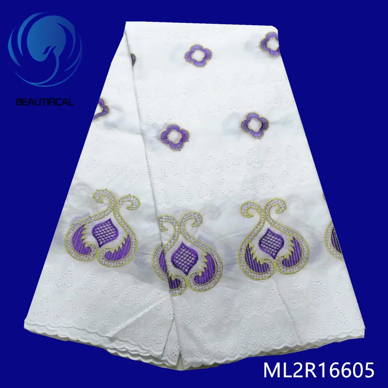 BEAUTIFICAL white cotton lace fabric with purple embroidery swiss nigerian for dress Top sale african ML2R166 | Дом и сад