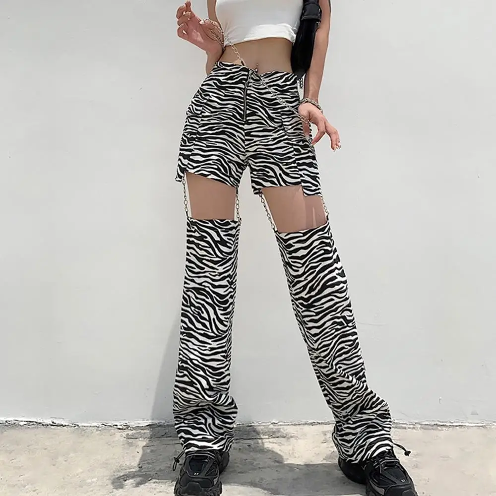 

Punk Women Hollow Out High Waist Zebra Print Loose Pants Zip Trousers with Chain