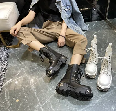 

Genuine Leather Autumn Winter Martin Boots For Female British Style Thick-soled Round Toe Lace-Up Square heel Motorcycle Boots