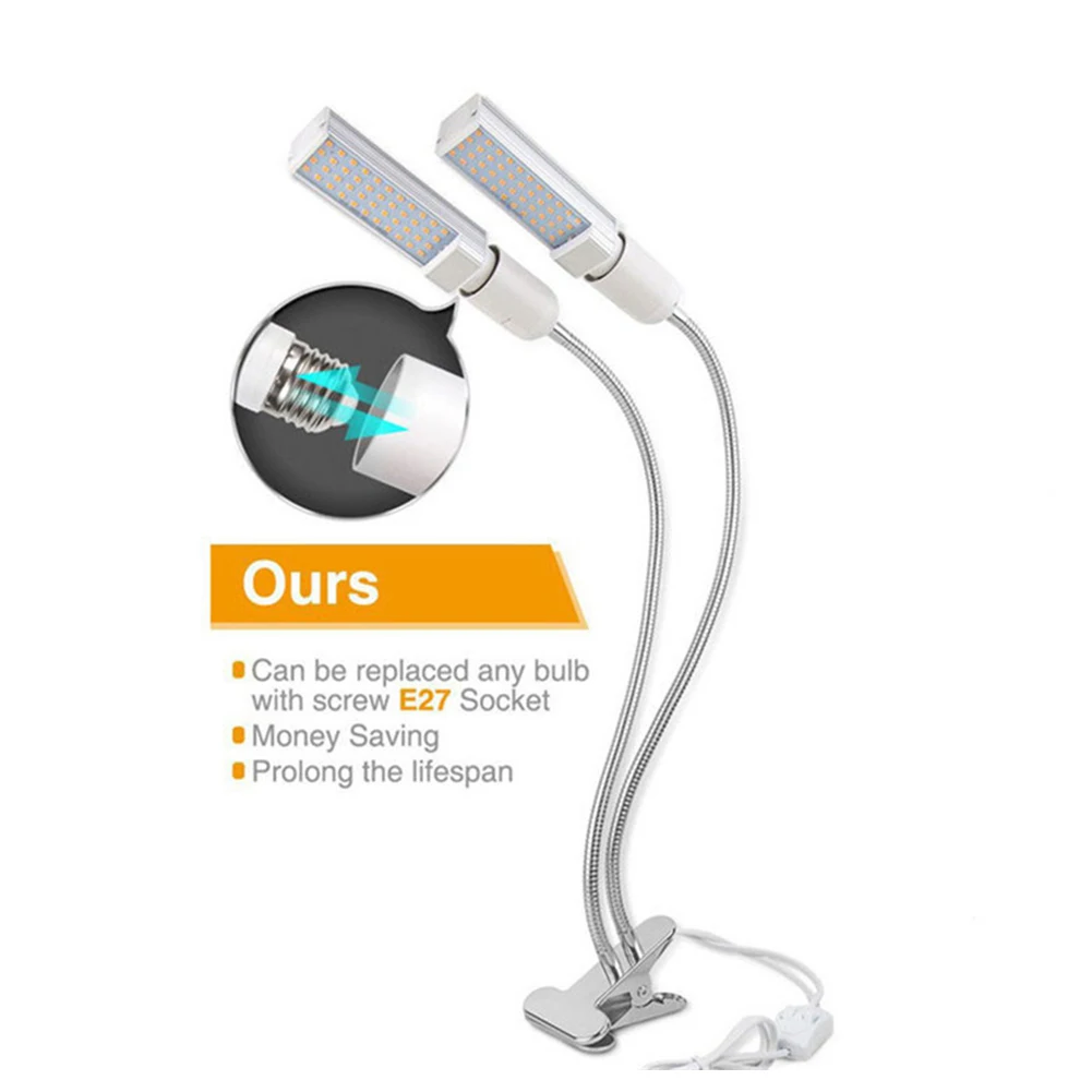 

E27 45W 2 Heads Plant Grow Light With Timer Indoor Outdoor Adjustable Gooseneck Home 132pcs LED Iron Full Desk Garden
