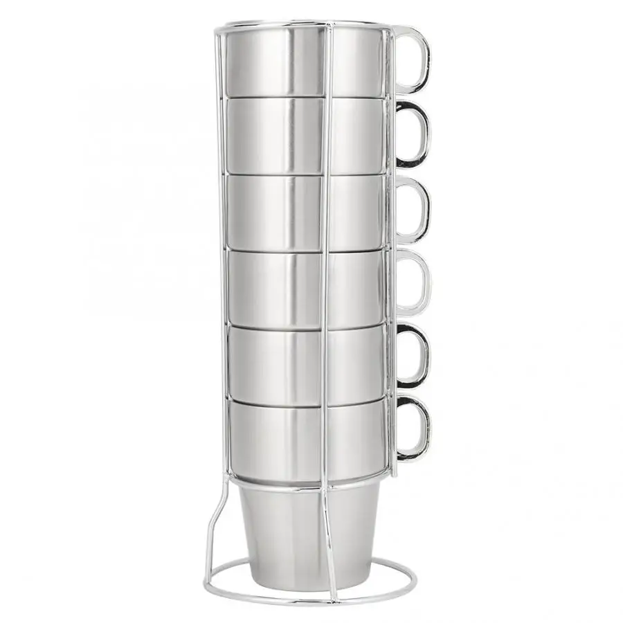 

7Pcs/Set Stainless Steel Stackable Water Coffee Cup Set with Cup Holder Stand Reusable Double Layer Anti-Scald Coffee Cup