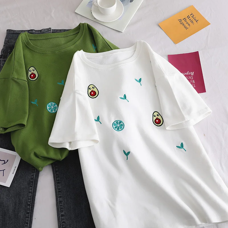 Корейская мода Kawaii Мультфильм авокадо печатных короткий рукав Футболка женская
