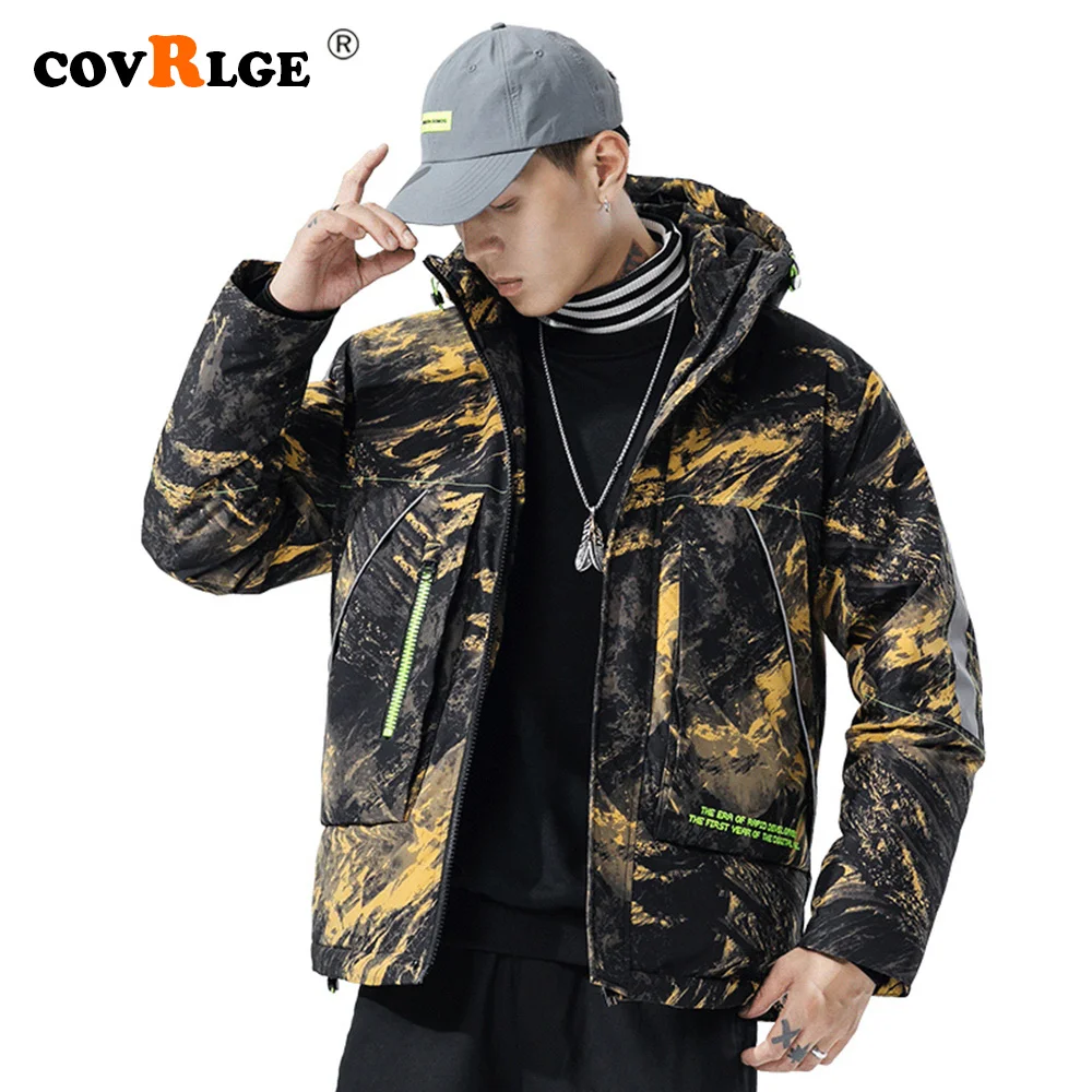 Covrlge Men Hooded 90 Fleece Jacket  Man Duck Down Jacket Light Thick Jackets Men Stand-up Collar Coat Men US Size White MWY032