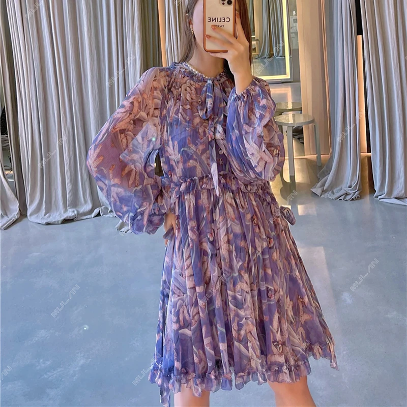 

100% Silk New Printed Long Sleeve Loose Mini Dress