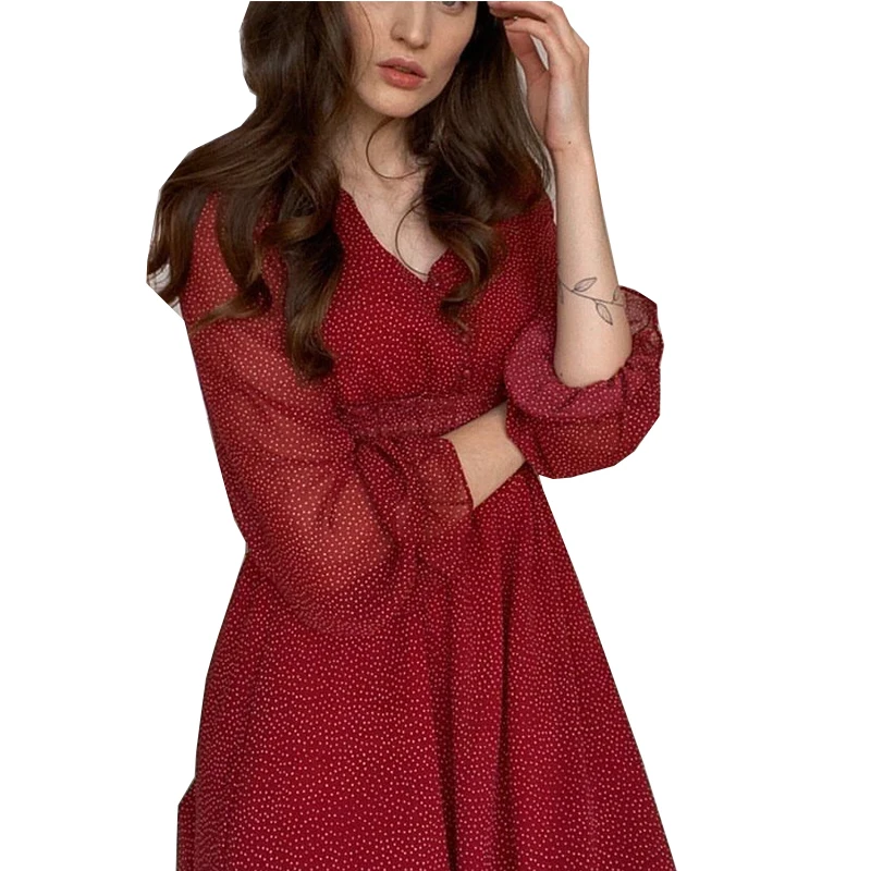 

Aibeautyer New 2021 Spring Autumn Vintage Polka Dot Dress A Line V Neck Single Breasted Chiffon Women Dresses
