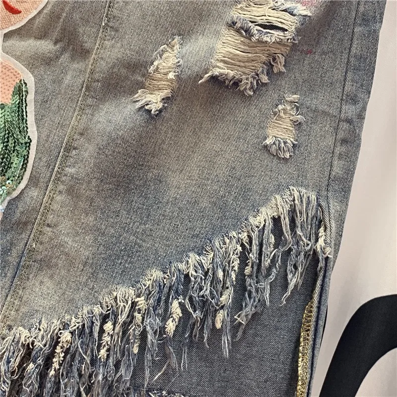 Beautiful Girl Sequin Denim Skirts Women Frayed Ripped Tassel High Quality Mid Long Jeans Skirt Female 2020 Summer Streetwear | Женская