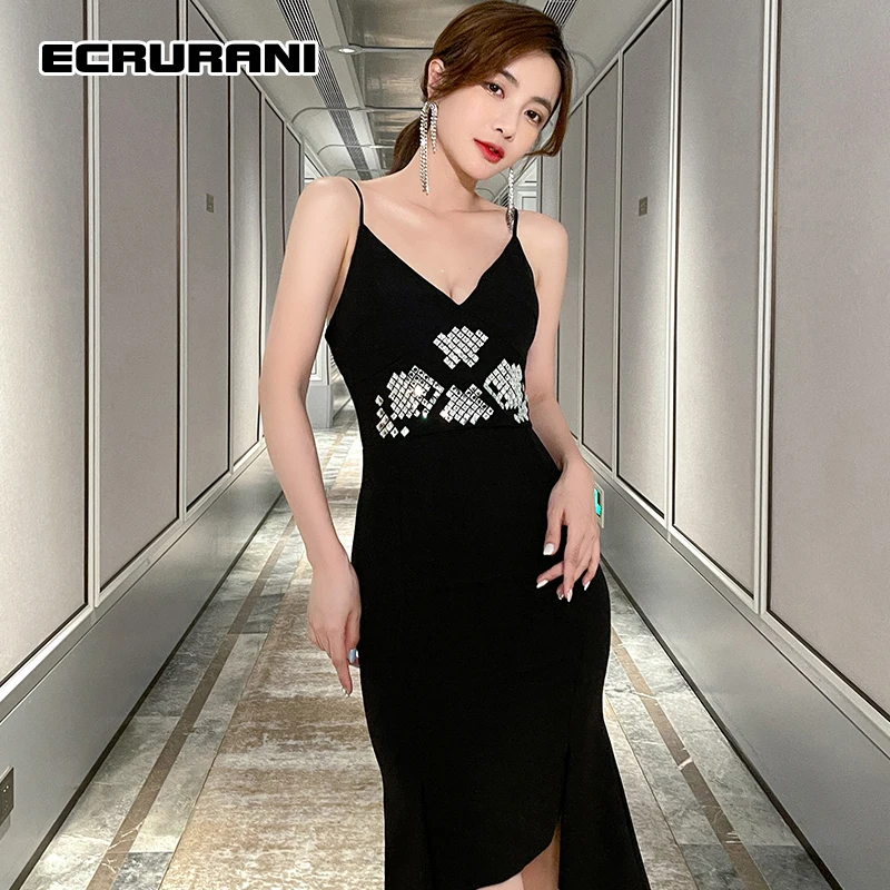 

ECRURANI Elegant Dress For Women V Neck Sleeveless High Waist Bodycon Tunic Slim Party Dresses Female Summer Clothing 2021 Tide
