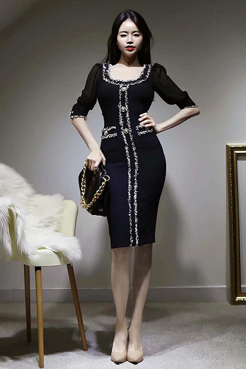 

COIGARSAM Fashion Half Sleeve Women dress Spring Single Breasted O-Neck Dresses Purplish Blue 5658