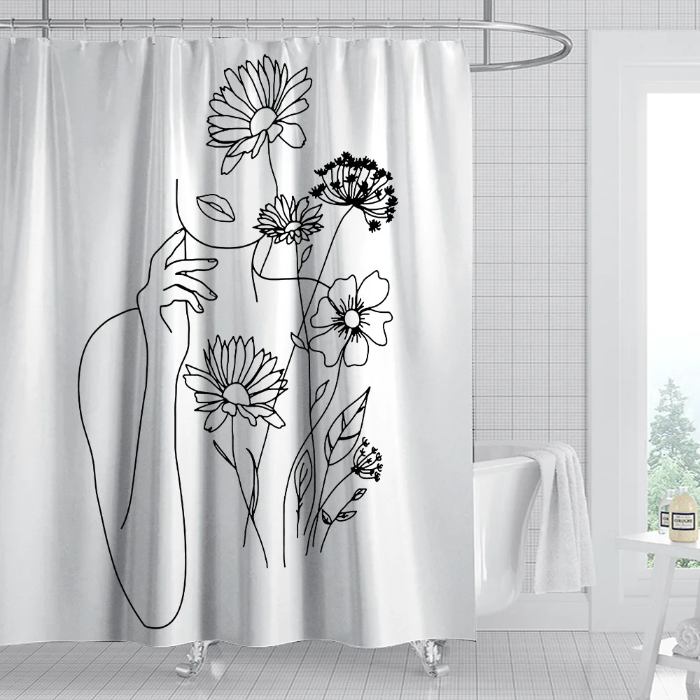 

3D Summer Digital Printed Anime Simplicity People Flowers Waterproof Shower Curtain Punch-Free Bathroom Curtains Dropshipping
