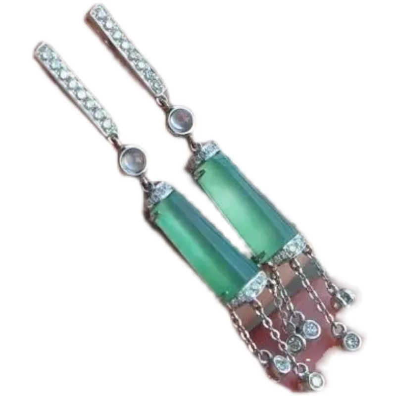 

Small Box Jewelry Original S925 Luxury Inlaid High Quality Ice Jadeite Jade Chalcedony Sunny Bottom Vintage Tassel Earrings Ear